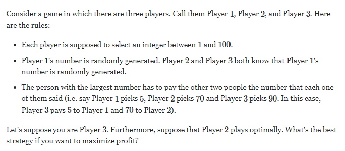 Consider a game in which there are three players. Call them Player 1, Player 2, and Player 3. Here
are the rules:
• Each play