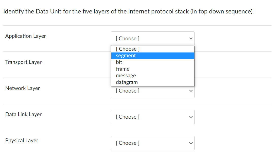 Identify the Data Unit for the five layers of the Internet protocol stack (in top down sequence).
Application Layer
I Choose