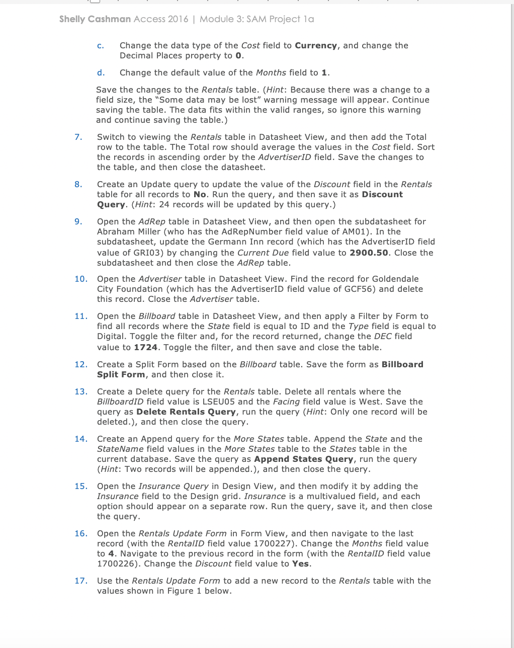 Shelly Cashman Access 2016 Module 3 SAM Project la