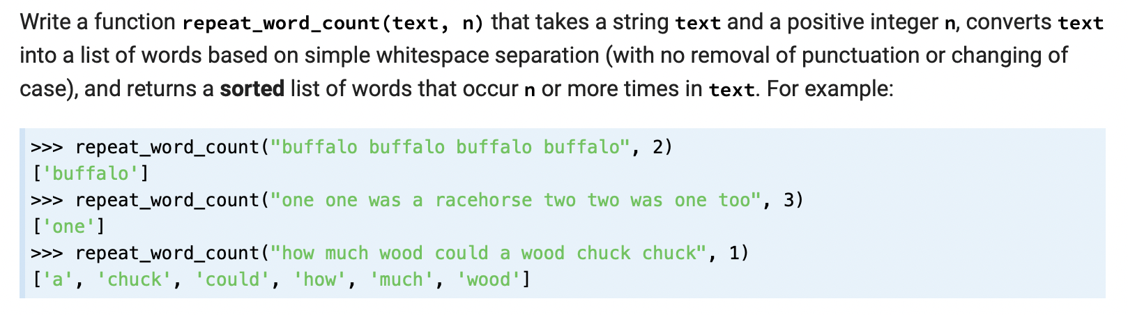 Solved Write a function repeat_word_count (text, n ) that | Chegg.com