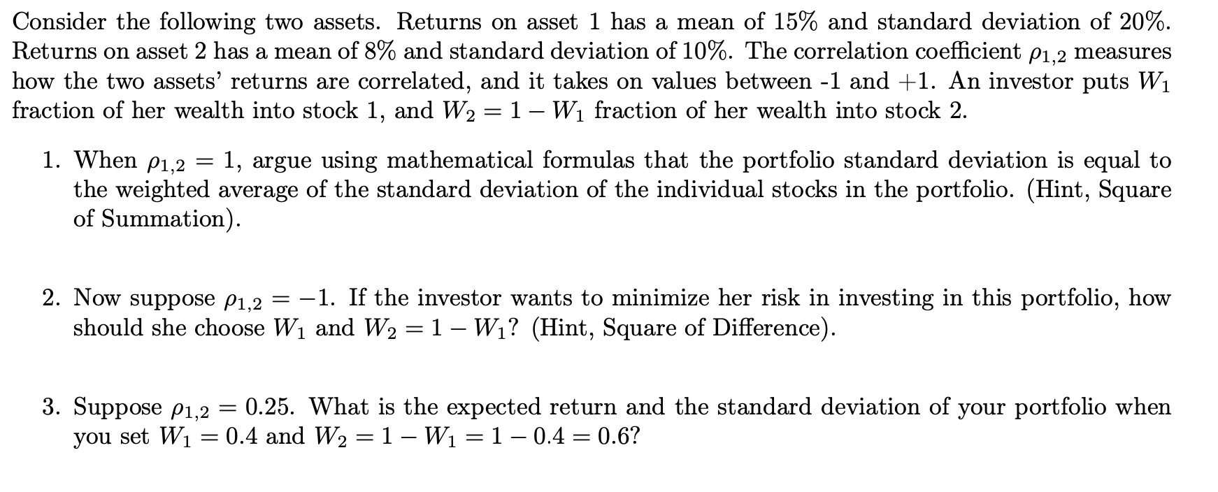 Consider the following two assets. Returns on asset 1 | Chegg.com