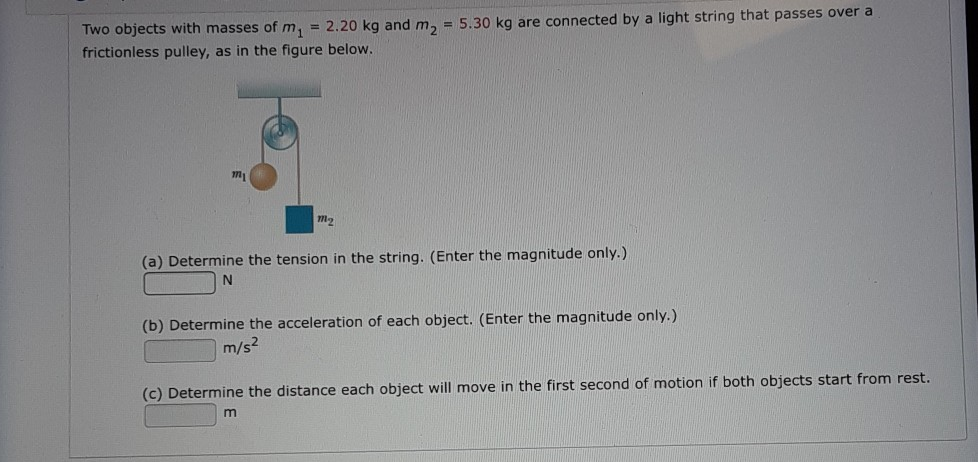 Solved Two Objects With Masses Of M, = 2.20 Kg And M, = 5.30 | Chegg.com