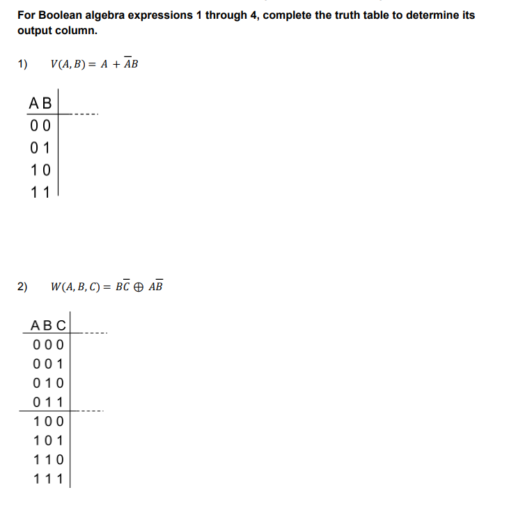 Solved For Boolean algebra expressions 1 through 4, complete | Chegg.com