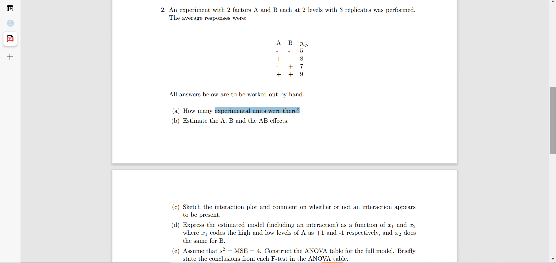 2. An experiment with 2 factors A and B each at 2 | Chegg.com