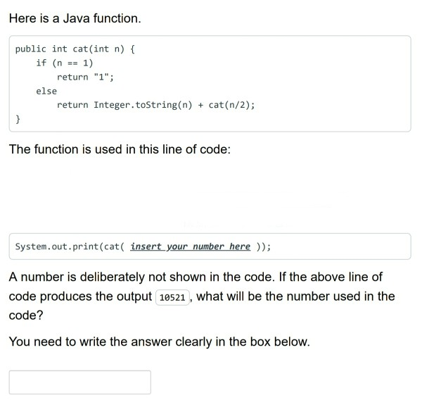 Solved Here is a Java function. public int cat(int n) { if | Chegg.com