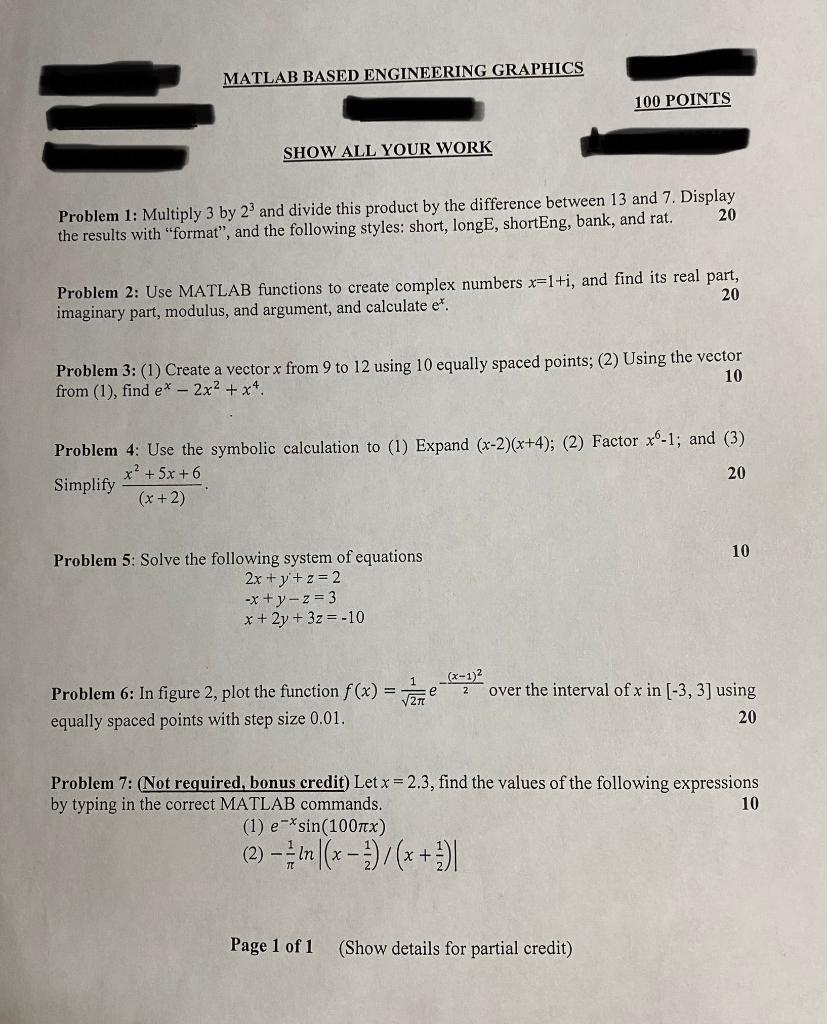 Solved MATLAB BASED ENGINEERING GRAPHICS 100 POINTS SHOW ALL | Chegg.com