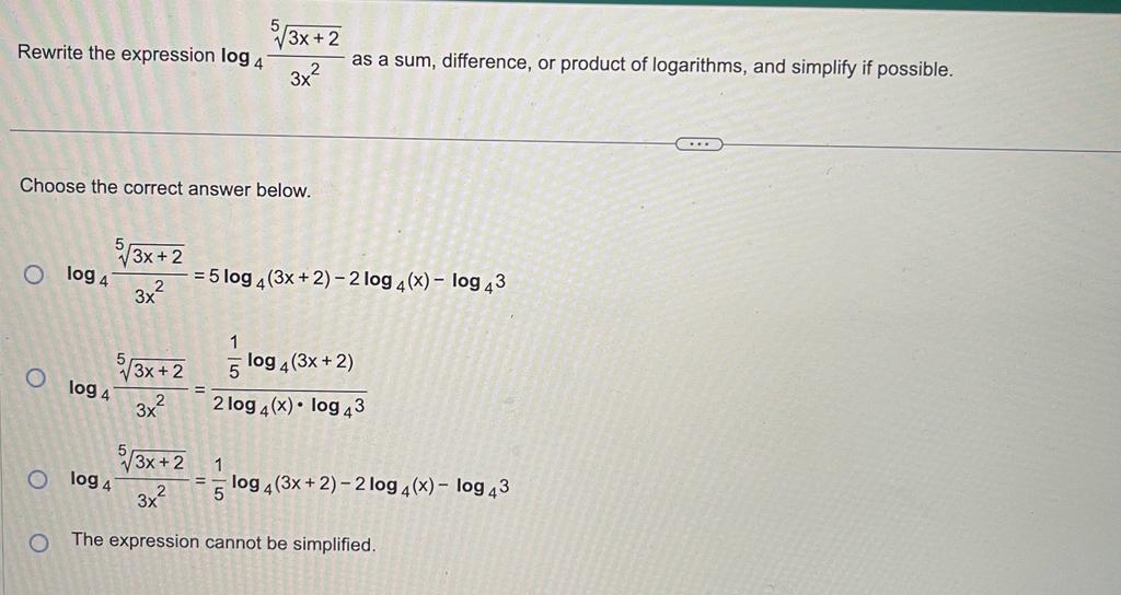 Solved Rewrite the expression log43x253x+2 as a sum, | Chegg.com
