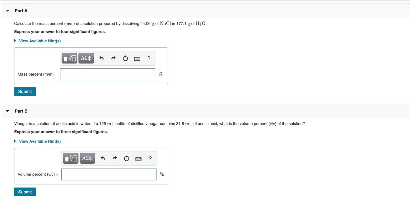 Solved Part A Calculate the mass percent (m/m) of a solution | Chegg.com