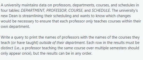 A university maintains data on professors, departments, courses, and schedules in four tables: DEPARTMENT, PROFESSOR, COURSE,