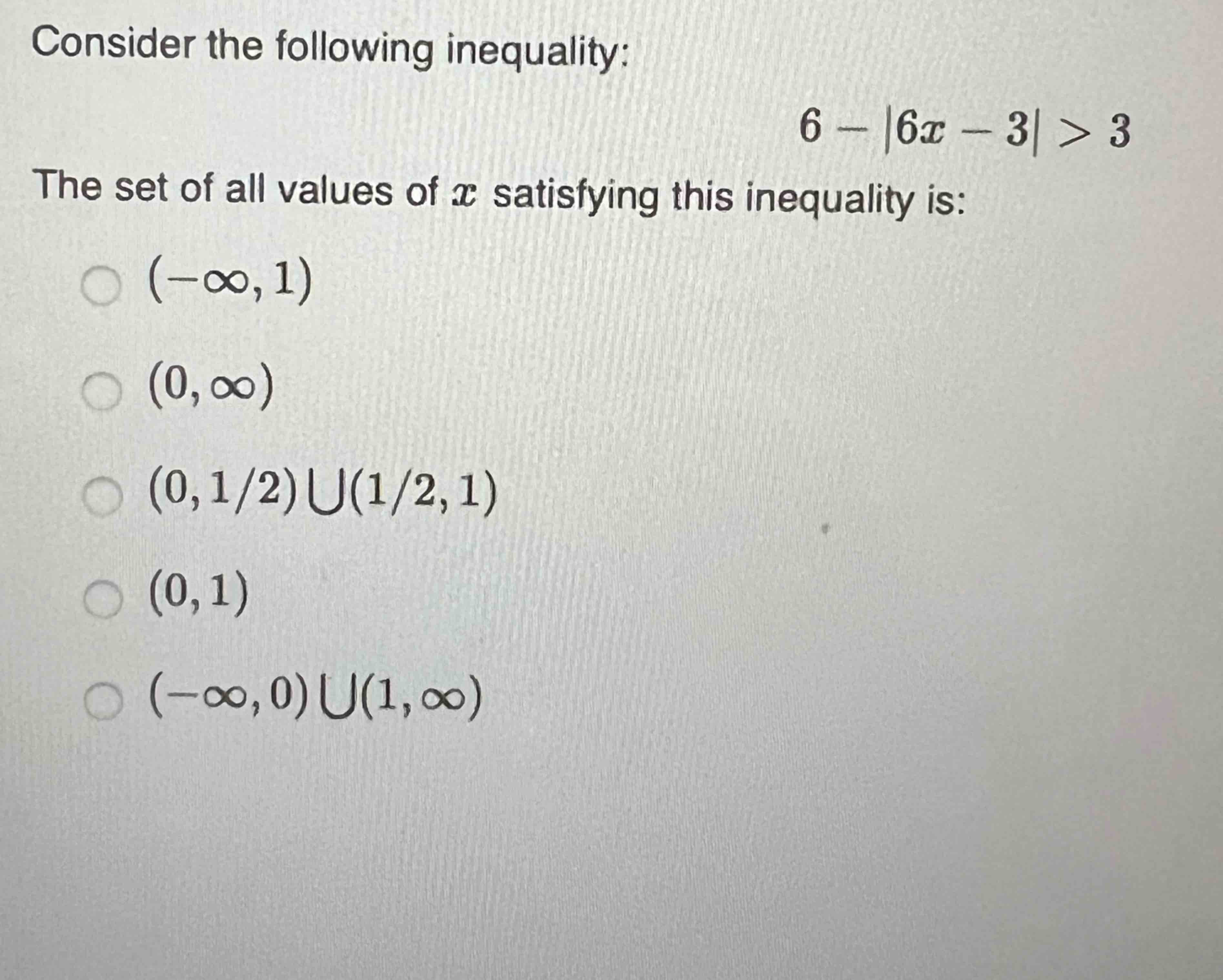 Solved Consider the following inequality:6-|6x-3|>3The set | Chegg.com