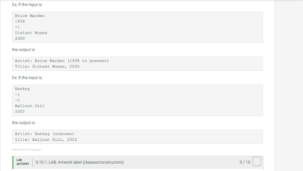 Solved 9.10 LAB Artwork label (classes/constructors) Define