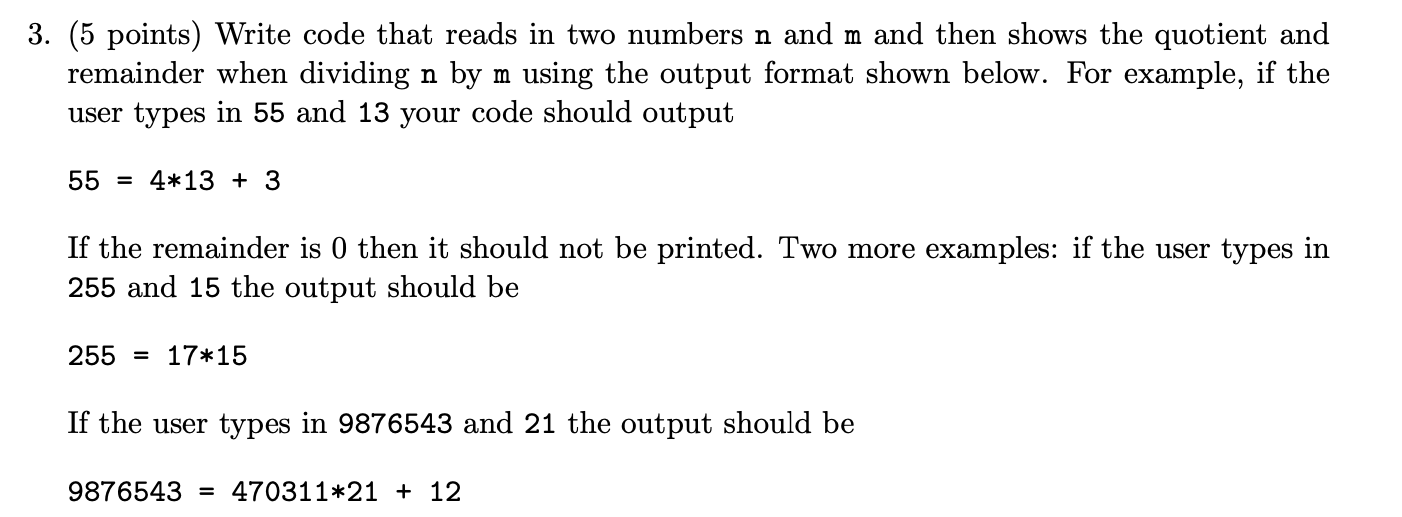 Solved 3. (5 points) Write code that reads in two numbers n | Chegg.com