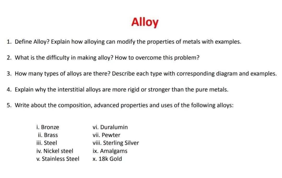 Solved 1. Define Alloy? Explain how alloying can modify the