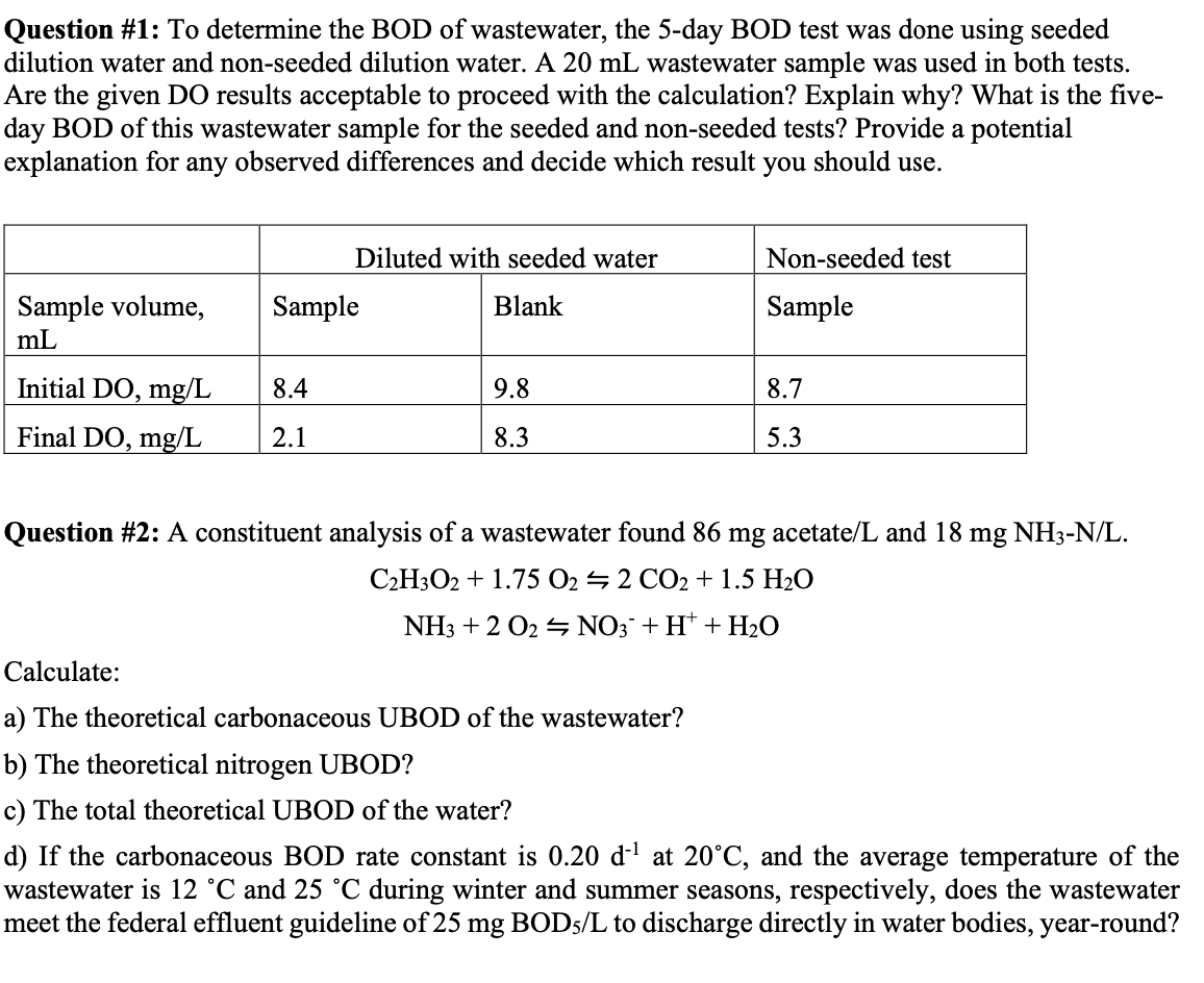 Question 1 To determine the BOD of wastewater, the