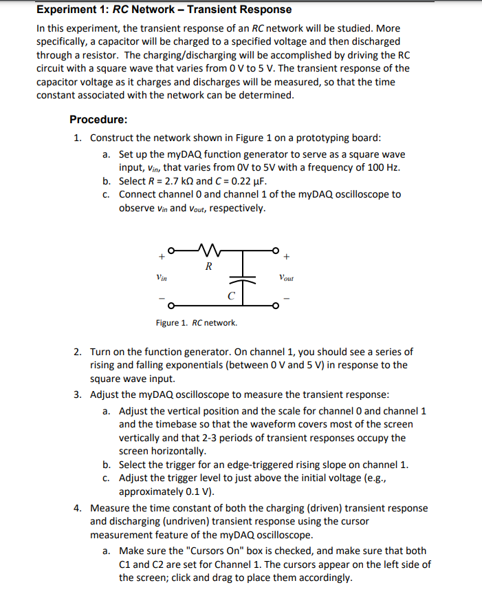 Experiment 1: RC Network - Transient Response In this | Chegg.com