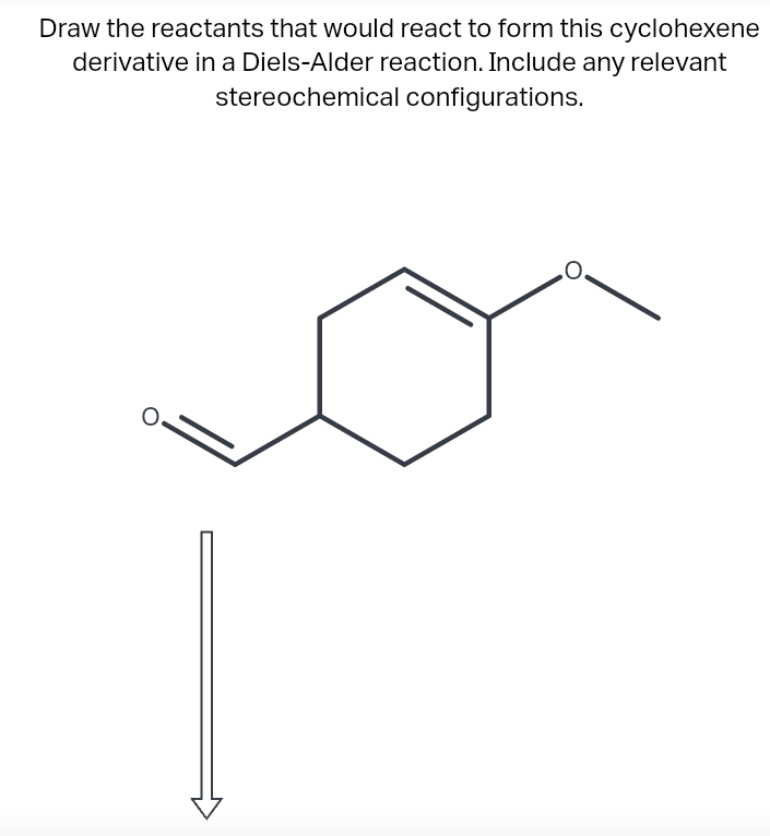 Draw the reactants that would react to form this cyclohexene derivative in a Diels-Alder reaction. Include any relevant stere