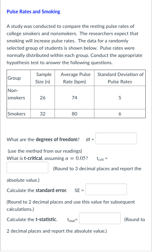 Solved Pulse Rates and Smoking A study was conducted to | Chegg.com