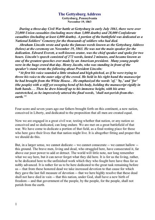 Solved The Gettysburg Address Gettysburg, Pennsylvania | Chegg.com