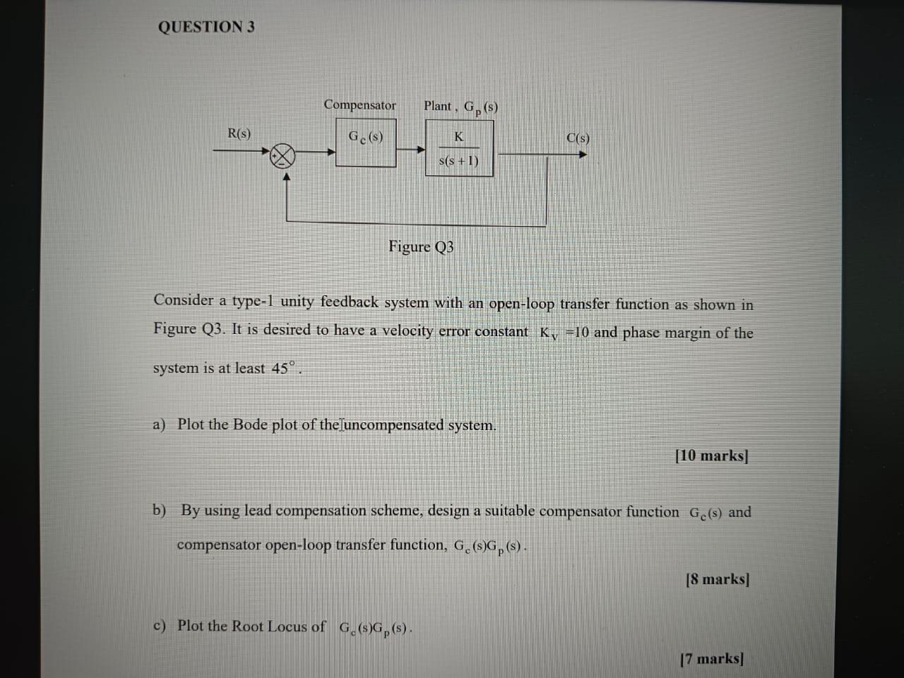 Consider a type-1 unity feedback system with an open-loop transfer function as shown in Figure \( \mathrm{Q} 3 \). It is desi