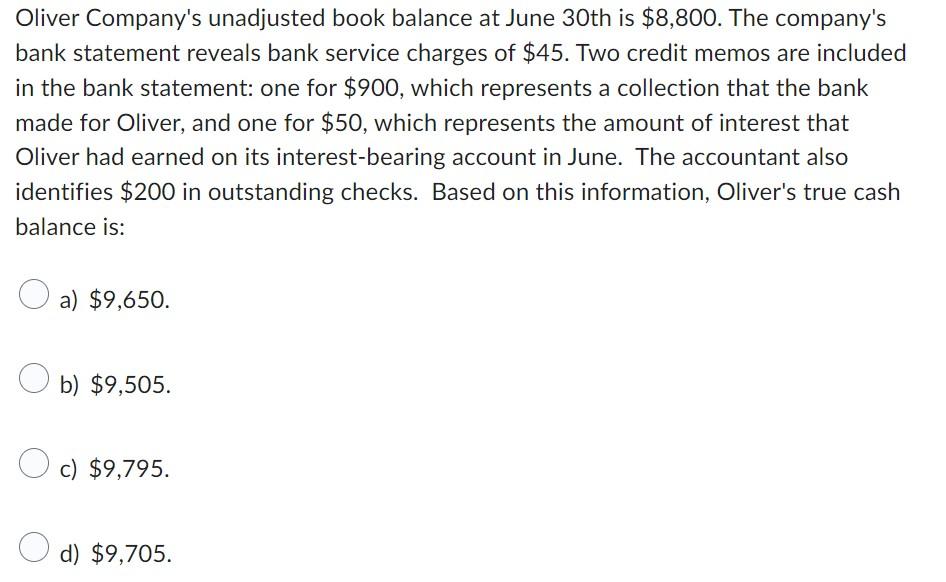 Solved Oliver Company's unadjusted book balance at June 30