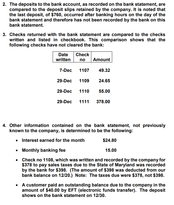 Solved 2. The deposits to the bank account, as recorded on | Chegg.com