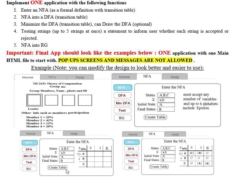 Implement ONE application with the following | Chegg.com
