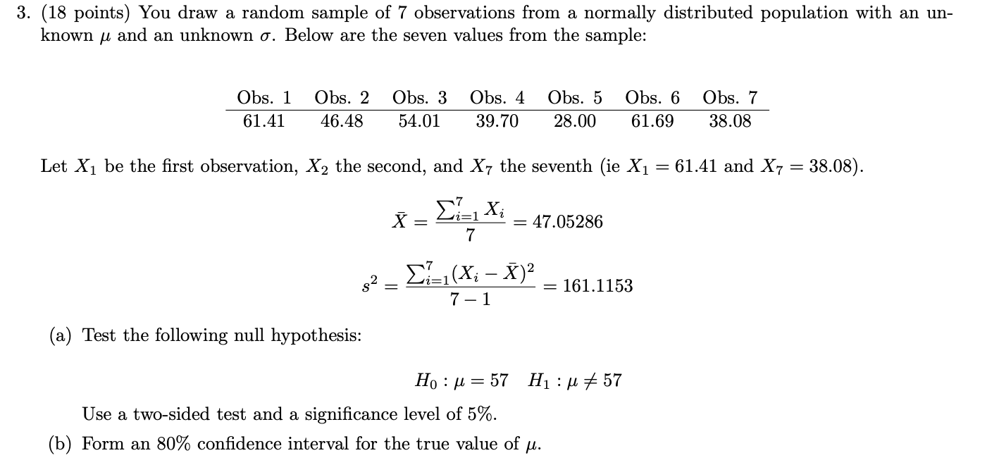 Solved 3. (18 points) You draw a random sample of 7 | Chegg.com