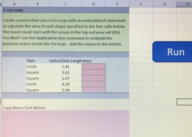 S. For Loop Create a macro that uses a For Loop with | Chegg.com