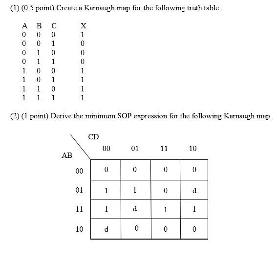 Solved 1 05 Point Create Karnaugh Map Following Truth Table Bc 1 0 0 2 1 Point Derive