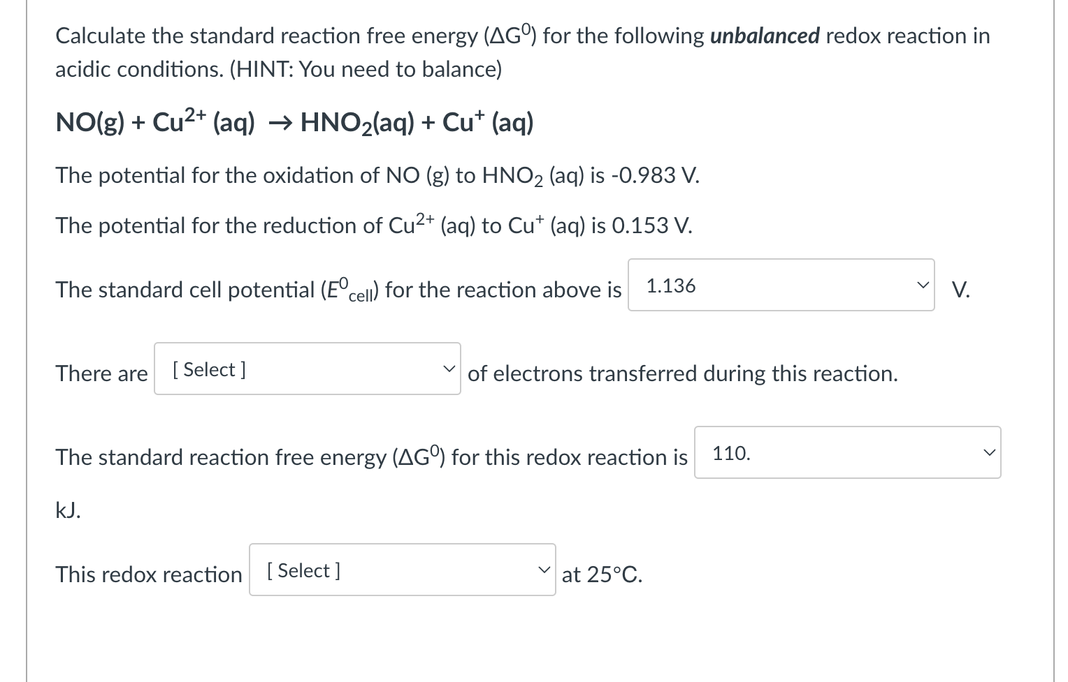 Calculate the standard reaction free energy \( \left(\Delta G^{0}\right) \) for the following unbalanced redox reaction in ac