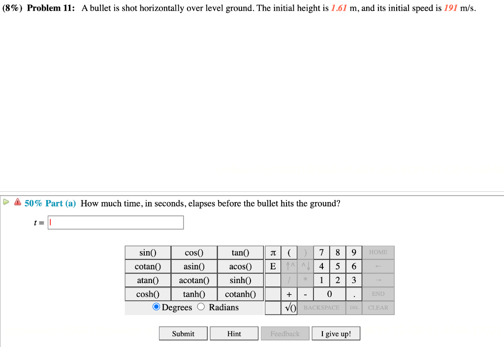 Solved (8%) Problem 11: A bullet is shot horizontally over | Chegg.com