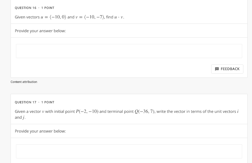 Solved QUESTION 16 · 1 POINT Given vectors u = (-10,0) and v | Chegg.com
