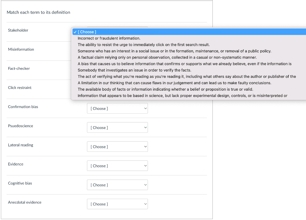 Match each term to its definition Stakeholder