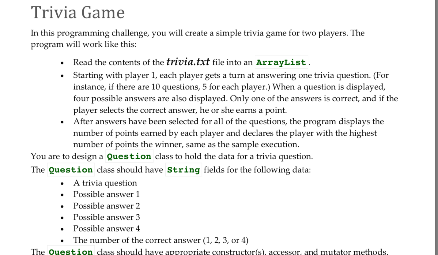 Solved Trivia Game In this programming challenge, you will | Chegg.com