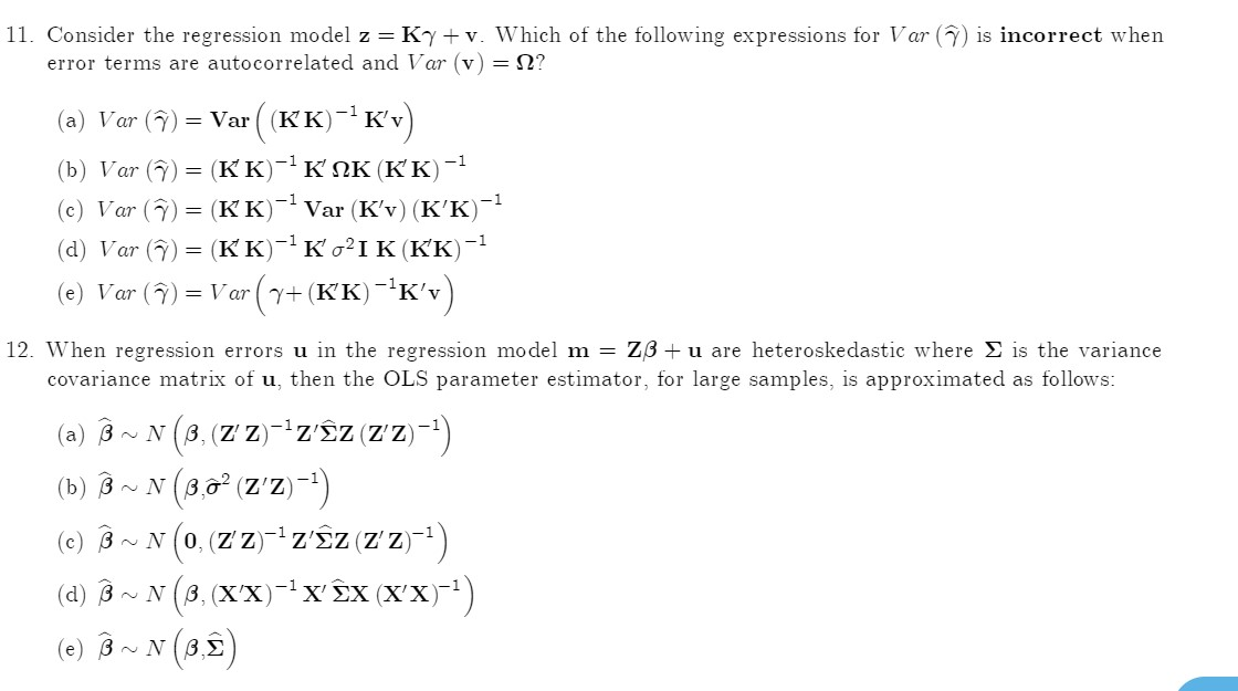 11 Consider The Regression Model Z Ky V Which O Chegg Com