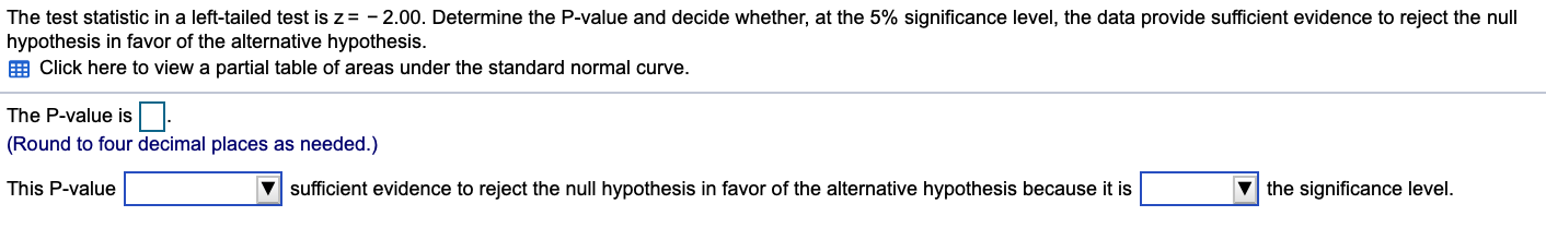 Solved The test statistic in a left-tailed test is z= -2.00. | Chegg.com