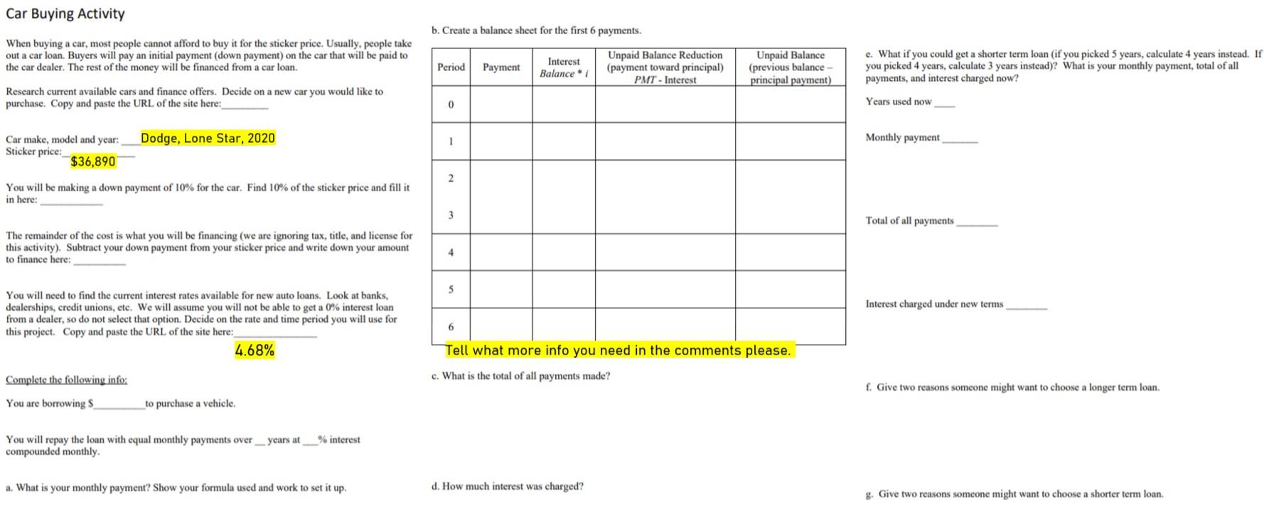 Solved Car Buying Activity b. Create a balance sheet for the | Chegg.com