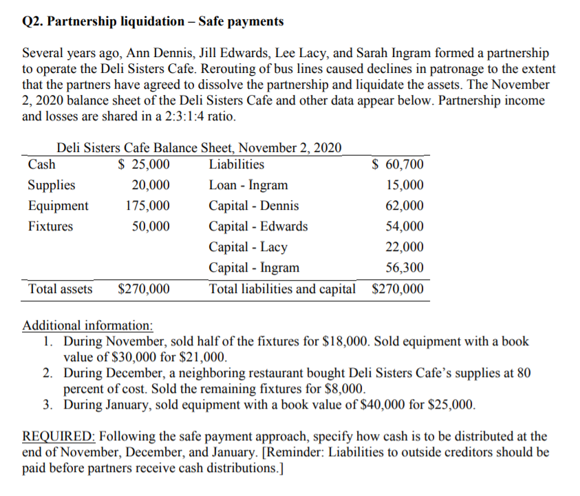 Solved Q2. Partnership liquidation Safe payments Several