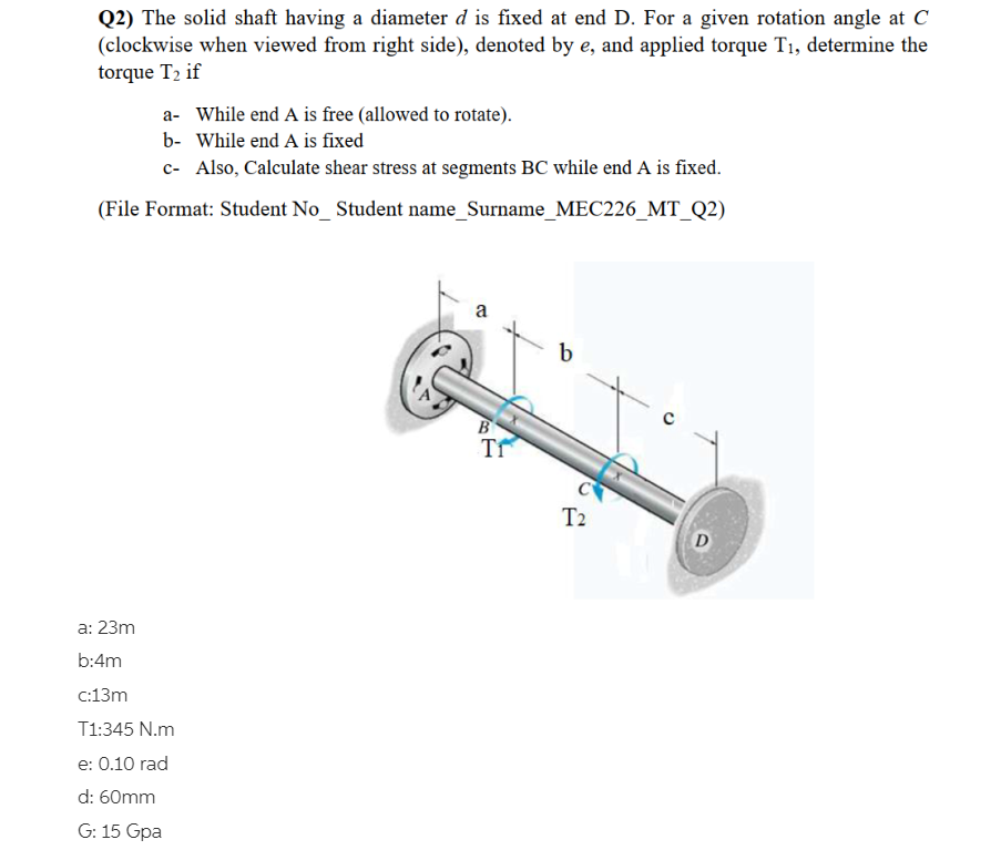 Solved Q2) The solid shaft having a diameter d is fixed at | Chegg.com