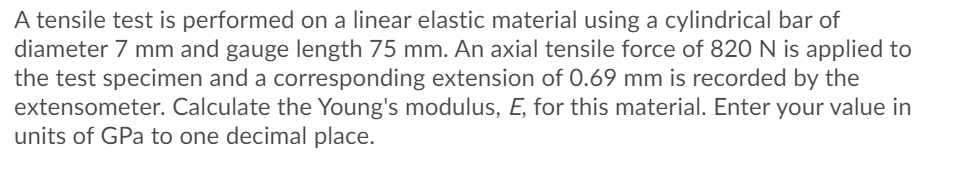 Solved A tensile test is performed on a linear elastic | Chegg.com