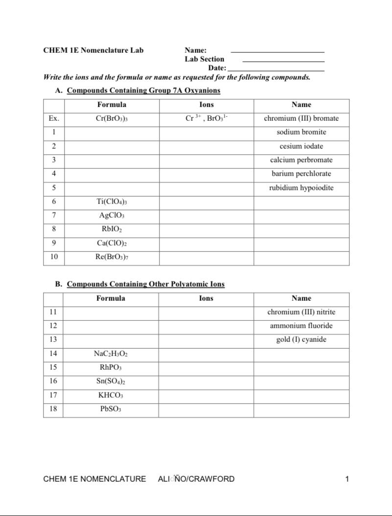 Solved CHEM 1E Nomenclature Lab Name: Lab Section Date: | Chegg.com