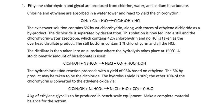 Ethylene chlorohydrin and glycol are produced from chlorine, water, and sodium bicarbonate.
Chlorine and ethylene are absorbe