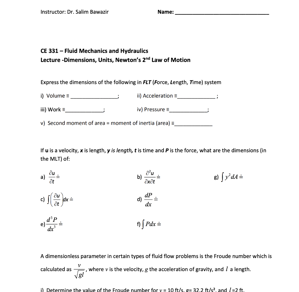 Solved Instructor: Dr. Salim Bawazir Name: CE 331 - Fluid | Chegg.com