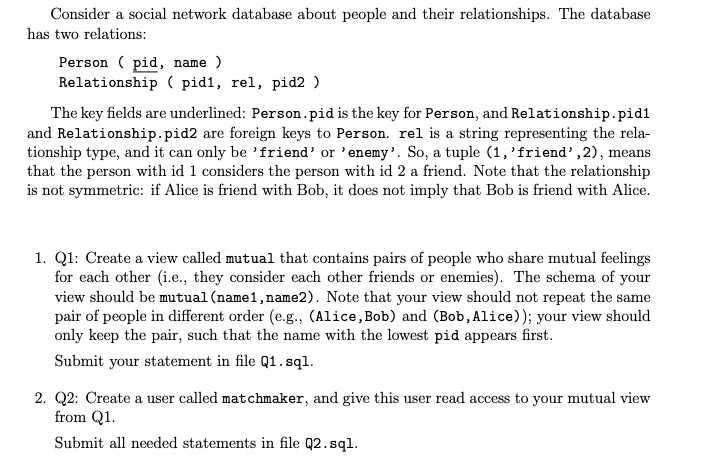 Solved Consider a social network database about people and | Chegg.com