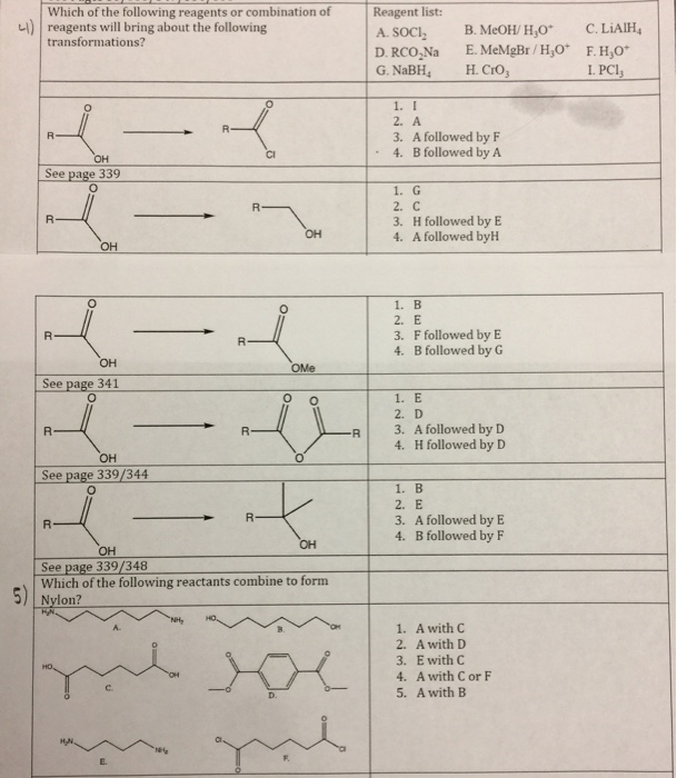 Solved Reagent list A. SOCI D. RCO Na G. NaBH Which of the | Chegg.com