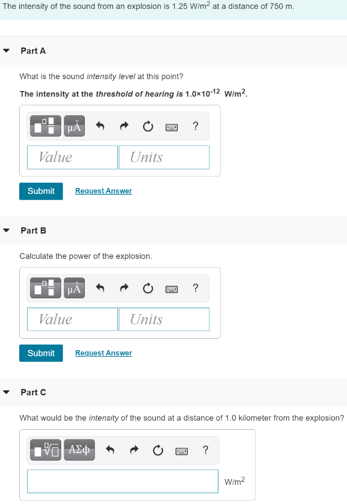 Solved The intensity of the sound from an explosion is 1.25 | Chegg.com