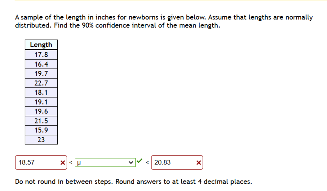 A sample of the length in inches for newborns is