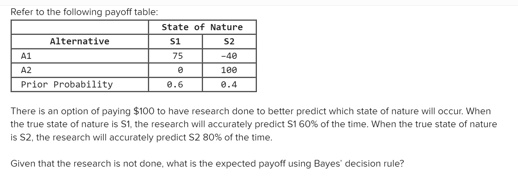Solved Refer to the following payoff table: There is an | Chegg.com