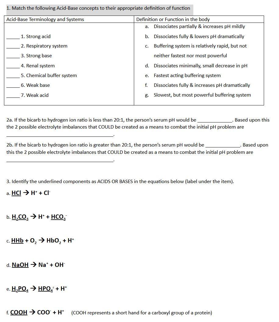 Solved 1. Match the following Acid-Base concepts to their | Chegg.com