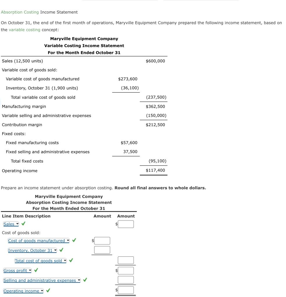 Solved Absorption Costing Statement On October 31,